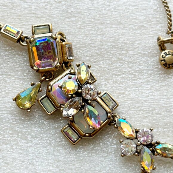 J. Crew Statement Necklace w Iridescent & Teardrop Crystals Antique Gold Tone - Picture 7 of 11